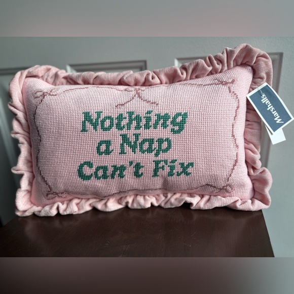 Nothing a Nap Can’t Fix Needlepoint Decorative Pink Pillow with Green Lettering - Picture 1 of 3